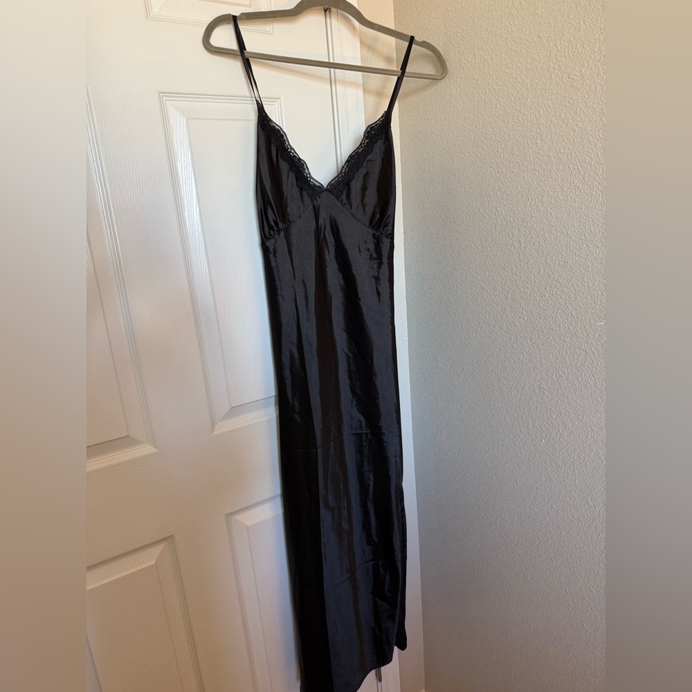 Black Satin Slip Dress with Lace Trim